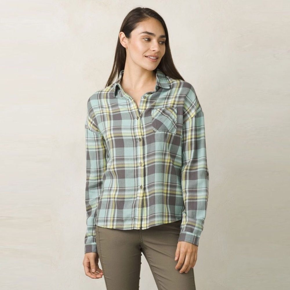 Prana Plaid Button-Down Shirt in Mint, Gray, and Yellow